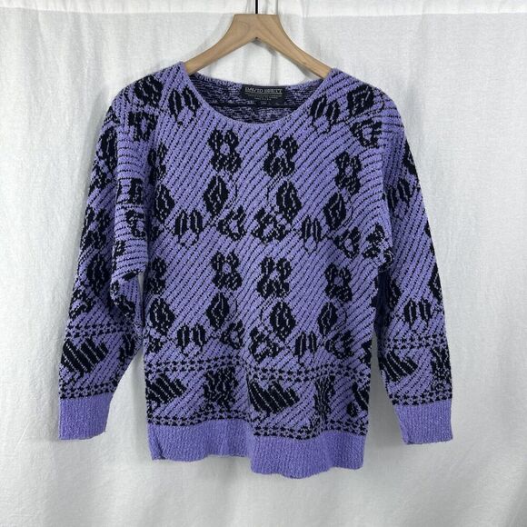 David Brett Vintage Purple Colorful Floral Cottagecore Retro Sweater Womens USA - Picture 1 of 9